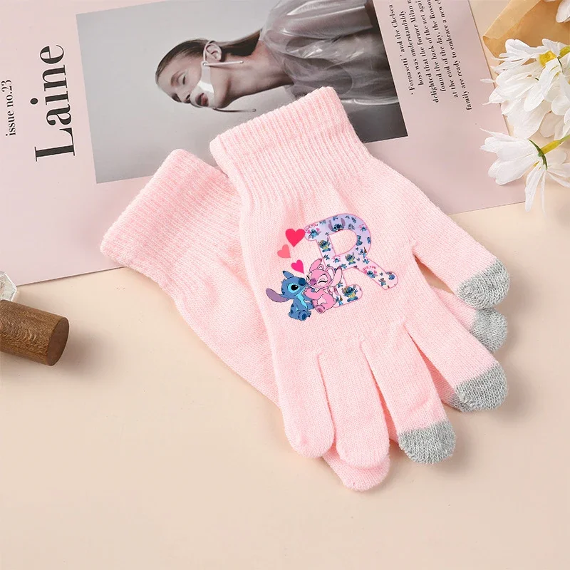 Stitch Disney Girl Gloves Pink Letter A-Z Print Finger Gloves Winter Warm Gloves Children Outdoor Cycling Accessories Xmas Gifts