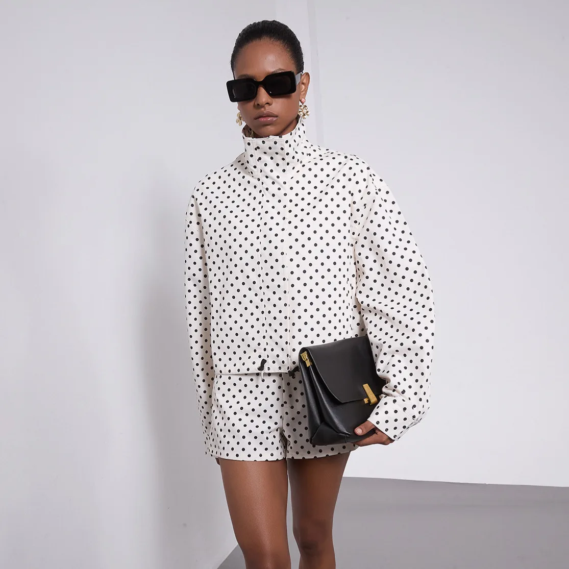 

Women's Wholesale Polka Dot Stand Collar Loose Jacket 5 High Waist Mini Shorts