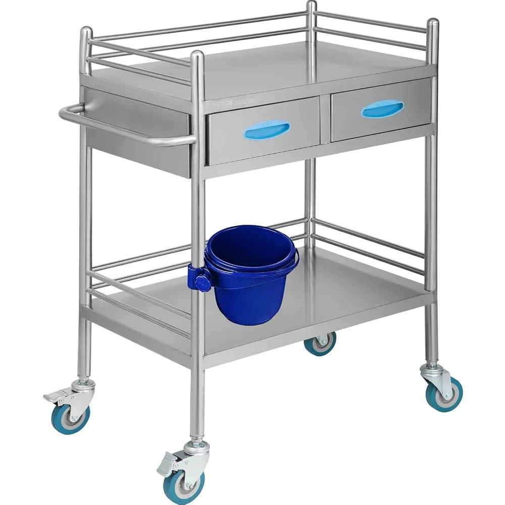 

Lab Serving Cart,2 Layers Stainless Steel Utility Rolling Cart, with Two Drawer and With Lockable Wheels,A Bucket,for Laboratory