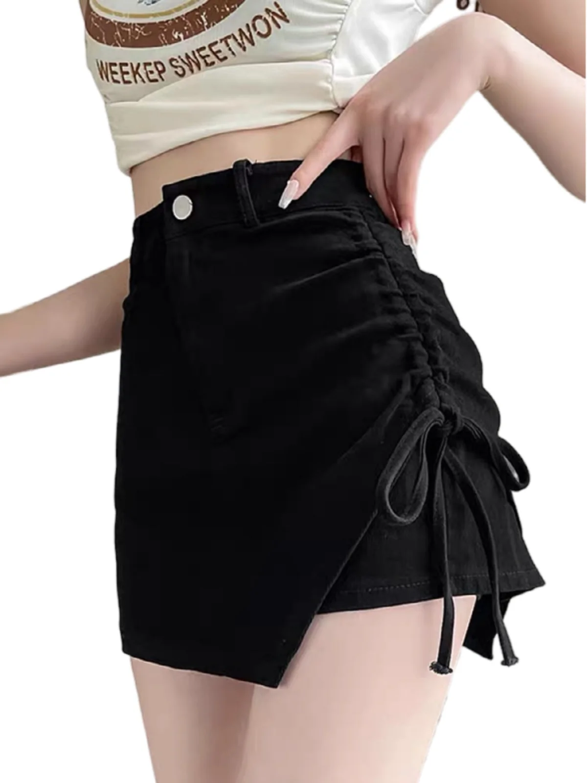 플러스 사이즈 여성 캐주얼 팬츠 사이드 스트링 플리츠 마이크로 플러스 사이즈 언니 비대칭 디자인 하이웨이스트 바지