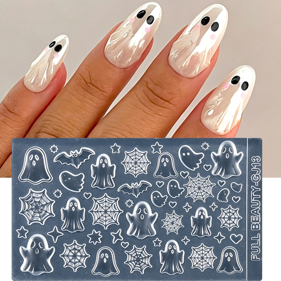 Ghost Bat Spider Web 3D Nail Charms Silicone Nail Mold Cute Cartoon Spooky Heart Star Mold Stencil Halloween Nail Art Decoration