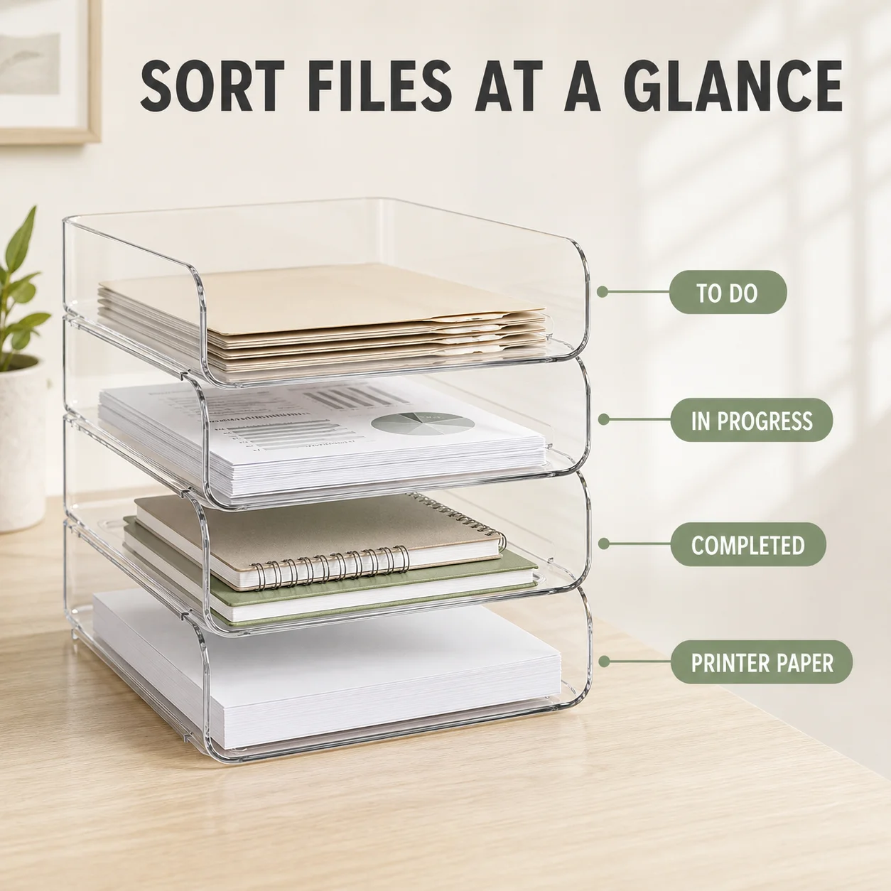 Stackable File Organizer 4-Tier Desktop Letter Tray Clear View Rounded Corners Paper Holder for Teacher Student Office