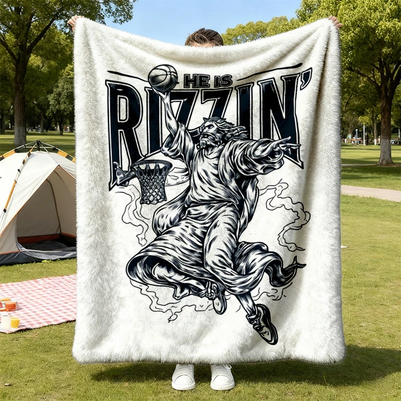 He Is Rizzin' Christian Flannel Blanket, Jesus Basketball Flannel Throw, Dunking Jesus Meme, Religious Parody Graphic