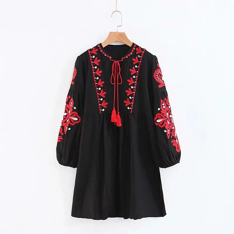 Spring Autumn Vacation Tourism Bow Tie Neck Dress Women Loose Elegant Ethnic Lantern Sleeve Cute Embroidered Floral Cute Dresses