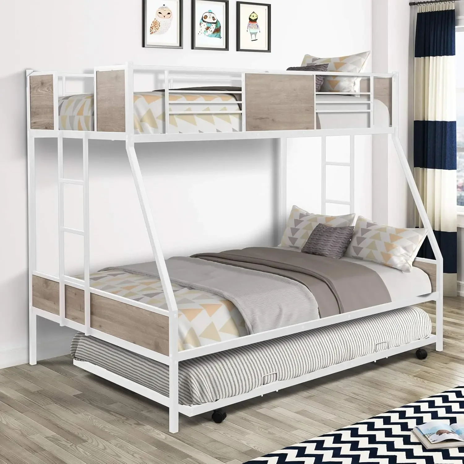 Over Full Bunk Beds with Trundle,Heavy Duty Metal Bed Frame with Safety Rail Side Ladders for Dormitory Bedroom Boys Girls Adult