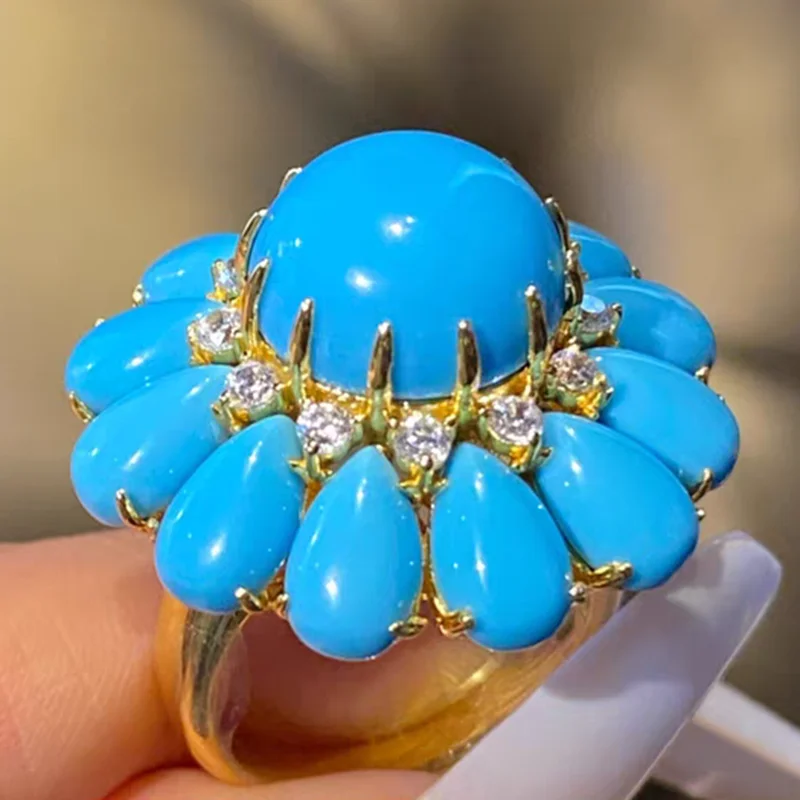 KQDANCE 925 Sterling Silver Synthetic Blue Turquoise Sun Flower Rings Bohemia Ring Designer Wedding Party Jewelry Gifts Women