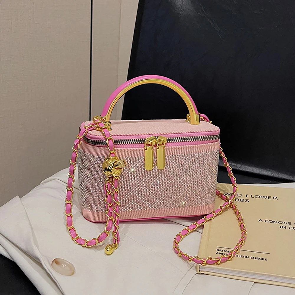 

Trendy Diamond Inlaid Small Square Crossbody Bags Women Shiny Rivet Hand-held Single Shoulder Bag Lady Commuting Box Shaped Bag