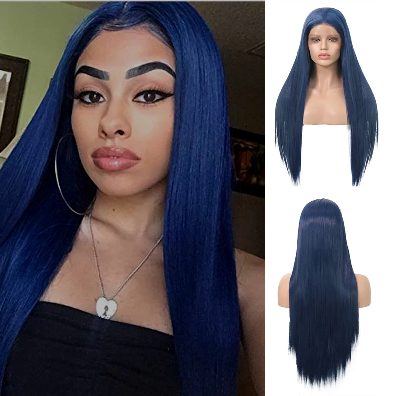 

Webster Wig Front Lace Synthetic Wig Long Straight Grey Blue Color Synthetic Hair Lace Front Wigs For Black Women