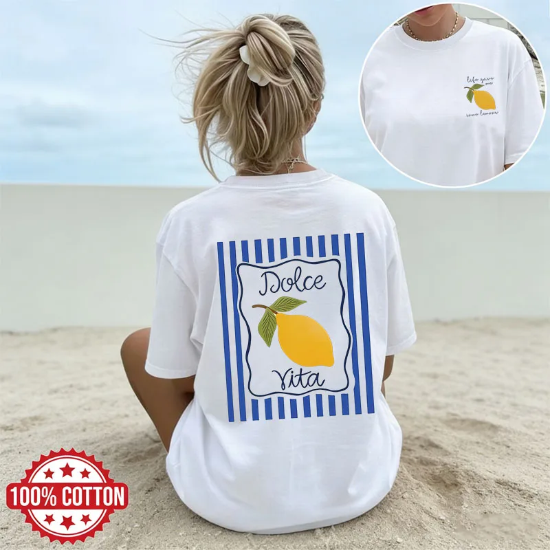 Women's Dolce Vita Lemon Print T-shirt 100% Cotton Summer Vacation Casual Short Sleeve Tee Daily Wear Retro Top Minimalist