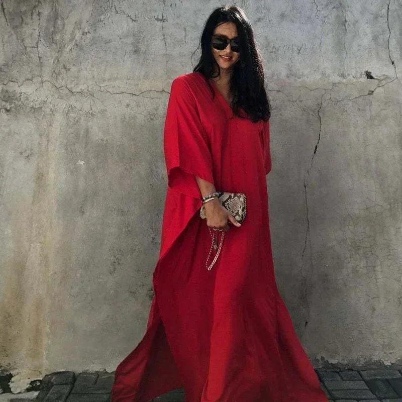 Boho Sexy Swimwear Cover Up Long Dress Rayon Solid Color Beach Wear Tunic Kaftans Kimono Women Clothing Summer Swimsuit