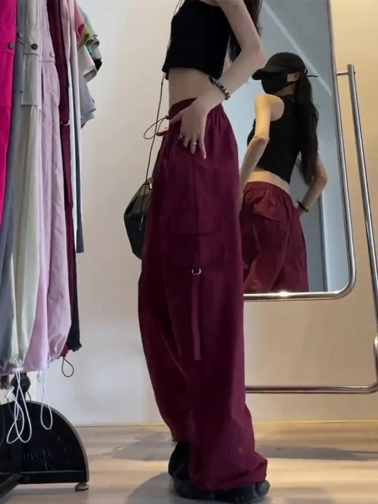 Plones deportivos de trabajo rojos de cintura alta y pierna ancha para mujer, de secado rápido, estilo coreano, para ir a...
