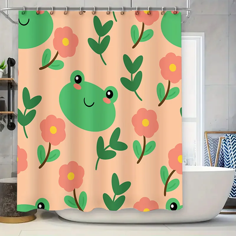 

Хлопковая занавеска для душа с героями мультфильмов для декора ванной комнаты, зеленая лягушка с розовыми цветами на персиковом фоне, доступный настраиваемый размер