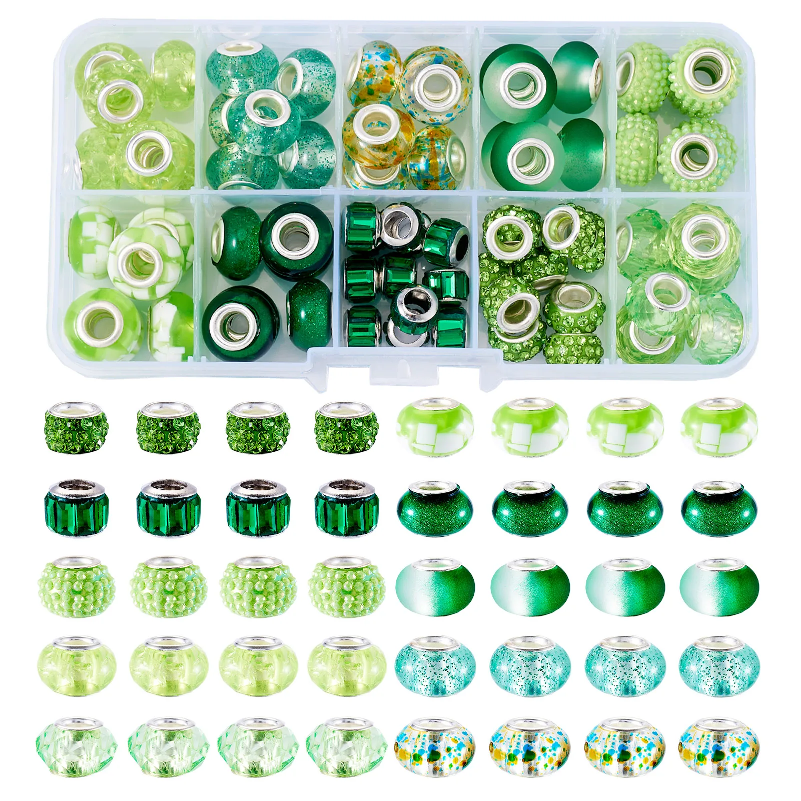 70Pcs Resin European Beads Large Hole Rondelle Beads with Brass Cores Green for Making DIY Jewelry Necklace Bracelet Supplies