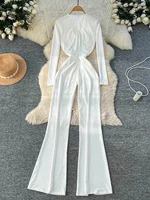 SINGREINY Minimalist Office Lady Jumpsuits Women Deep V Neck Slim Pleated High Waist American Fashion Glamorous Wide Leg Rompers - Image 3