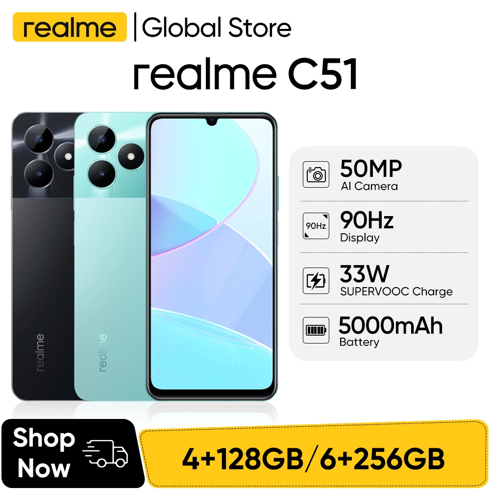 realme C51 6.74'' 90Hz Display 50MP AI Camera 33W SUPERVOOC Charge 5000mAh Battery 4GB+128GB Powerful Octa-core Smartphone