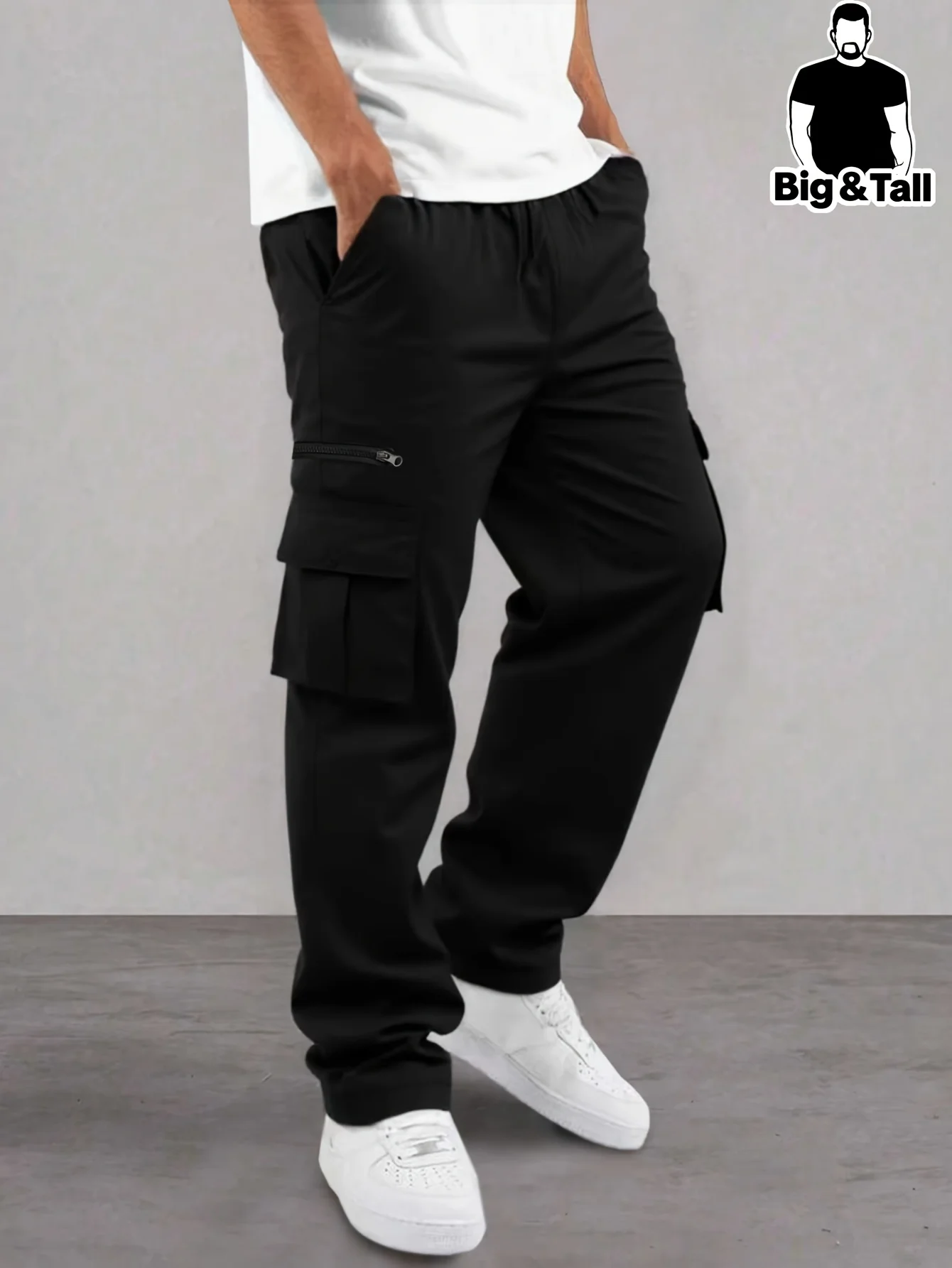 Plus Size Herren-Freizeithose in einfarbiger Ausführung mit aufklappbaren Taschen, seitlichem Kordelzug in der Taille, langes gerades Bein für Outdoor-Wanderungen