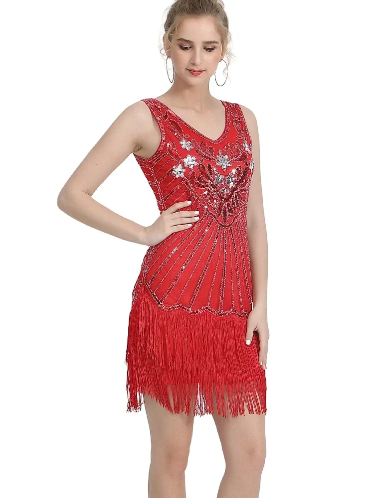 Women Flapper Dresses 1920s V Neck Colorful Beaded Fringe Dress Great Gatsby Dress Roaring 20s Speakeasy Party Costume