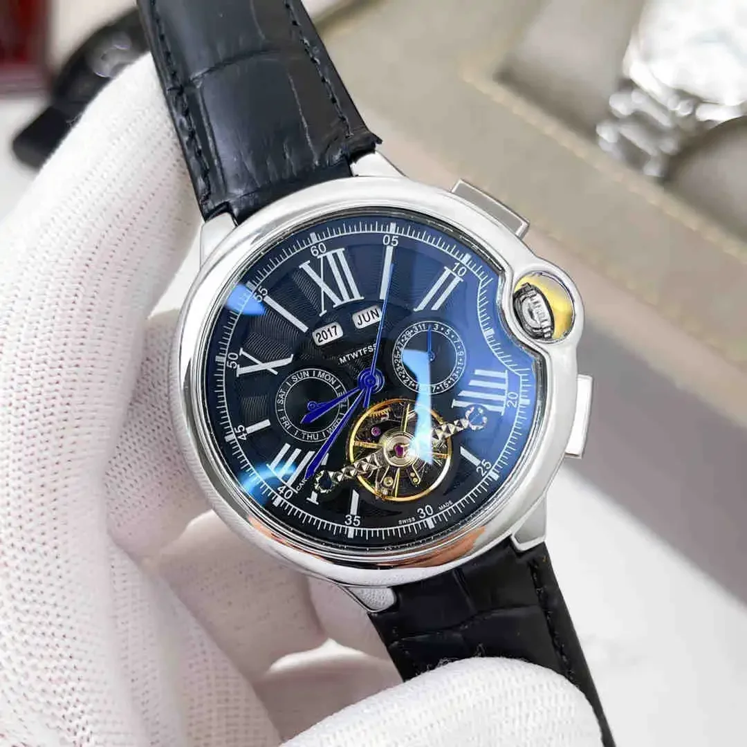 Nuovo orologio da uomo di lusso con fasi lunari, meccanico automatico, tourbillon, data del giorno, cinturino in pelle, impermeabile 100 m, stile militare ​