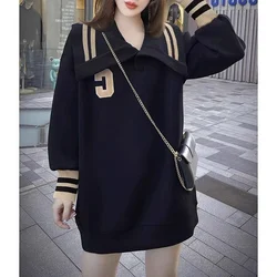 Korean Fashion Women Doll Neck Dress Spring Autumn New Letter Print Loose Versatile Casual Big Size Black Long Sleeve Dresses