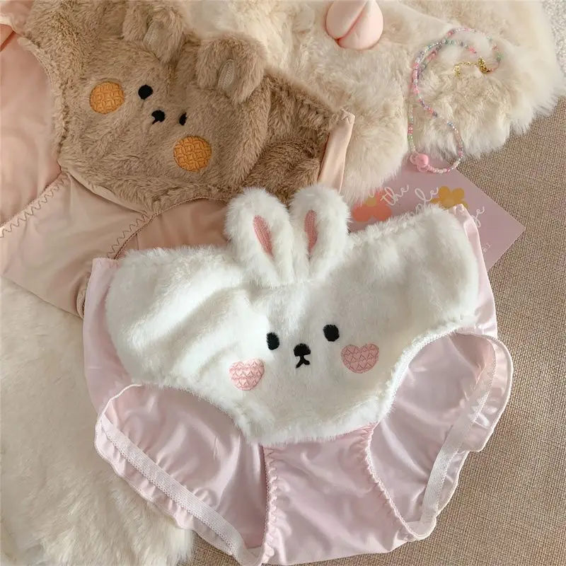 Cartoon Rabbit Cute Girls Panties Briefs Kwaii Bear Winter Furry Women's Cotton Crotch Underwear Pink Sweet Sleepwear Bottoms