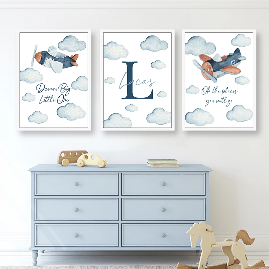 Custom Baby Name Cartoon  Airplane Clouds Watercolour Poster Canvas Painting Nursery Wall Art Print Picture Kids Room Home Decor