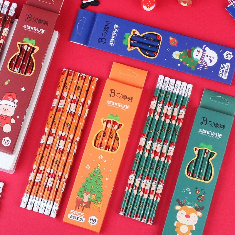 6pc/lot Christmas Boxed Pencils Student Writing Drawing Sketch Pen Set Wooden HB with Rubber Pencil Stationery School Stationery