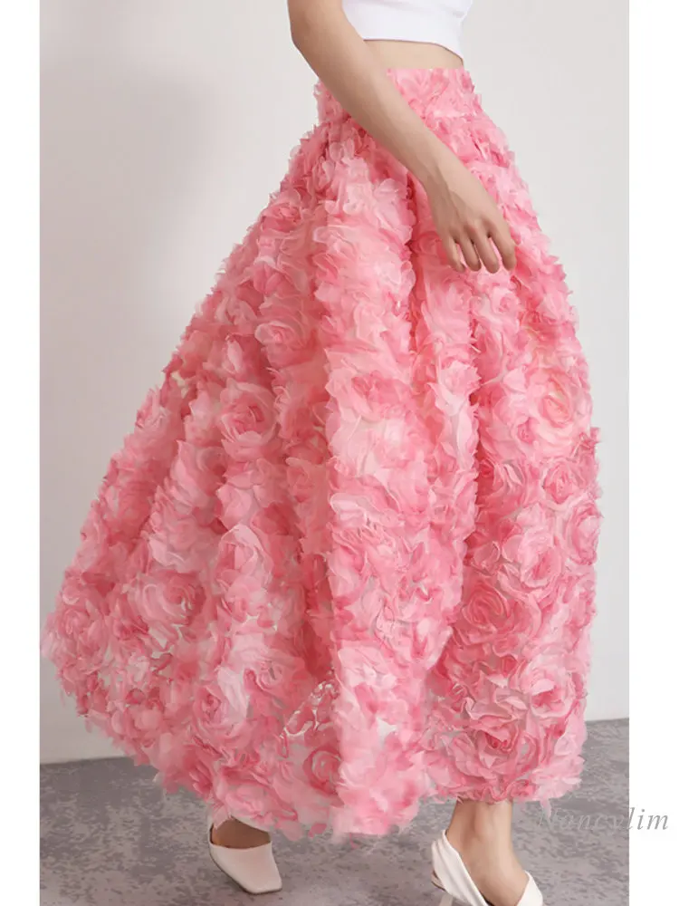 Pink Roses Three-Dimensional Floral Gauze Skirt Women 2024 Spring Summer Skirts New Romantic French Style Bubble Skirt Holiday