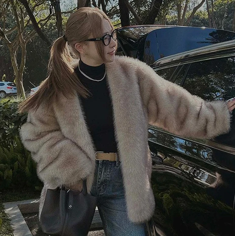 

Autumn Winter French Style Slouchy Faux Fur Coat Women Fluffy Dyed Tip Mid-Length Fox Fur Jacket V-Neck Thickened Fur Overcoat