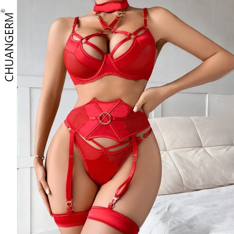 

CHUANGERM,Valentine's Day new complex technology hole mesh joint steel ring together sexy underwear four-piece set