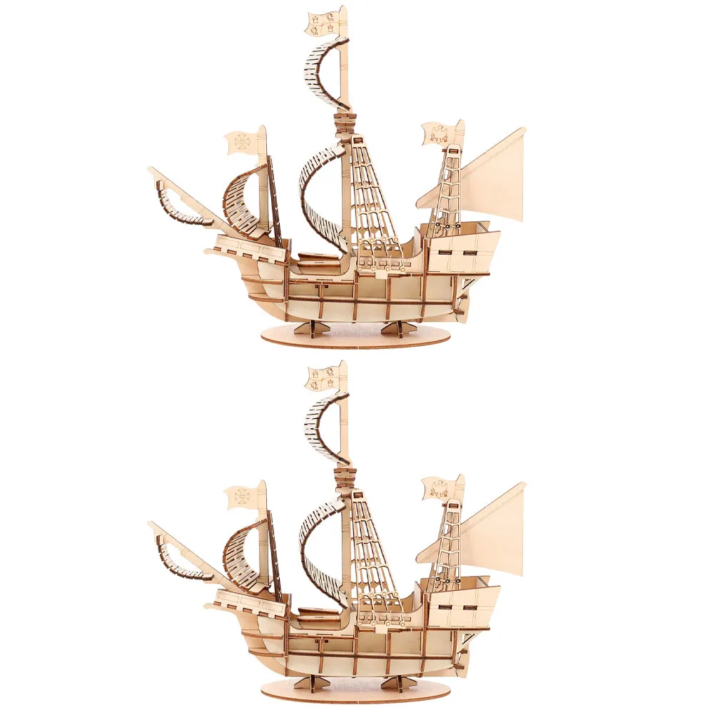 2Sets Wooden Sailboat Puzzles 3D Retro Sailboat Assemble Kits Natural Wood Puzzle for Kids Adults Desk Ornament