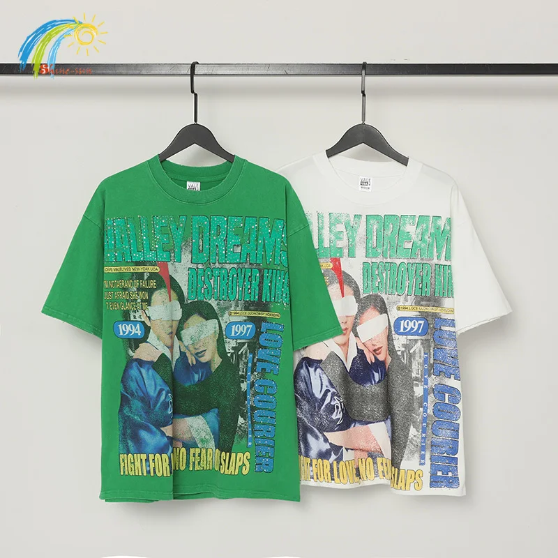 

Flash Diamond Letters VALLEY DREAMS T-Shirt Men Women Top Quality Cotton Oversized T Shirt Character Print Green White Vale Tee