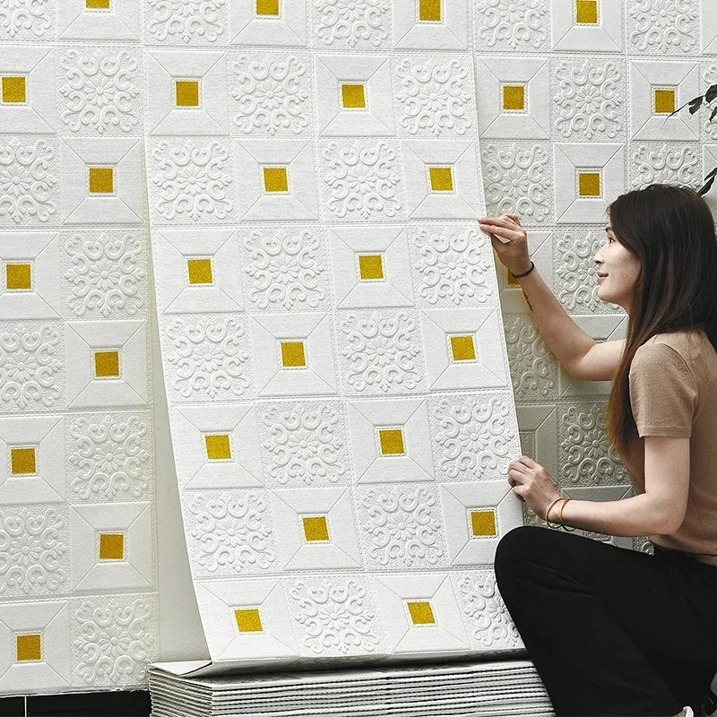 10Pcs Foam 3D Tile Brick Wall Sticker 70cmx1m Self Adhesive Waterproof Wallpaper Bedroom Household Gold White Indoor Wall Decor