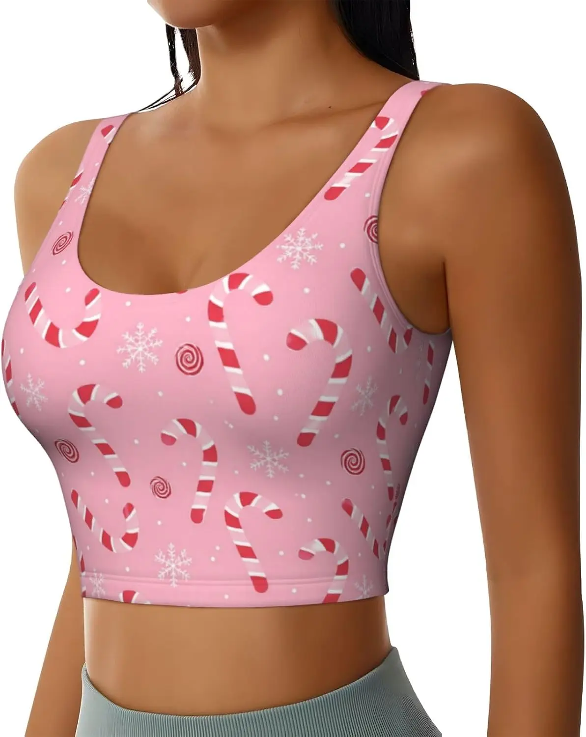 Pink Christmas Holiday Women's Sports Bra, Racerback Workout Bra with Removable Pads, Soft Stretch Yoga Bra