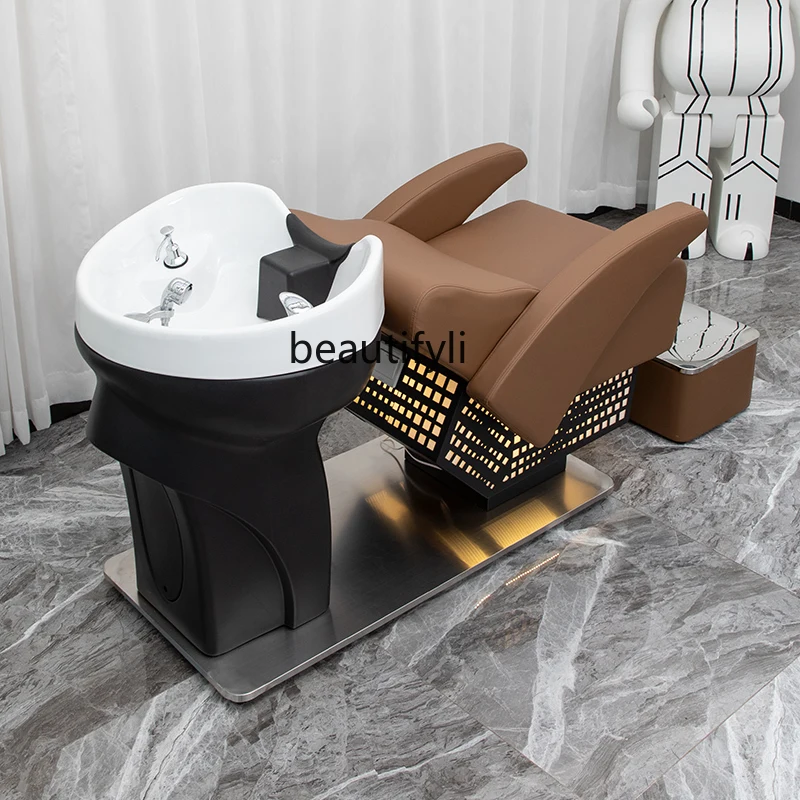 Shampoo Chair Barber Shop Half Lying Flushing Bed for Hair Salon Hairdressing Shampoo Ceramic Basin