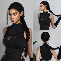 Straight Black Synthetic Wigs Long Plait Pony Tail Braid Fiber Wig for Afro Women Cosplay Daily Use 28 Inch Heat Resistant Hair