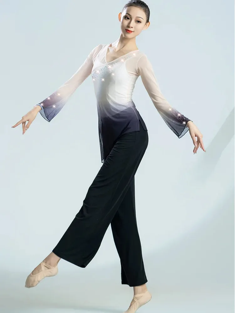 긴 소매 현대 댄스 탑 착용 할로윈 의상 라틴 여성 메쉬 라인 라인스톤 발레 볼룸 셔츠 재즈 그라데이션 성인