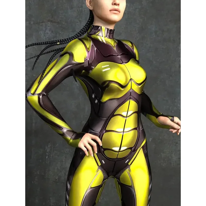 بدلة Catsuit الميكانيكية CyberPunk بدلة نسائية بسحاب Zentai ثلاثية الأبعاد بدلة الهالوين أزياء حفلات الألعاب النسائية التأثيرية