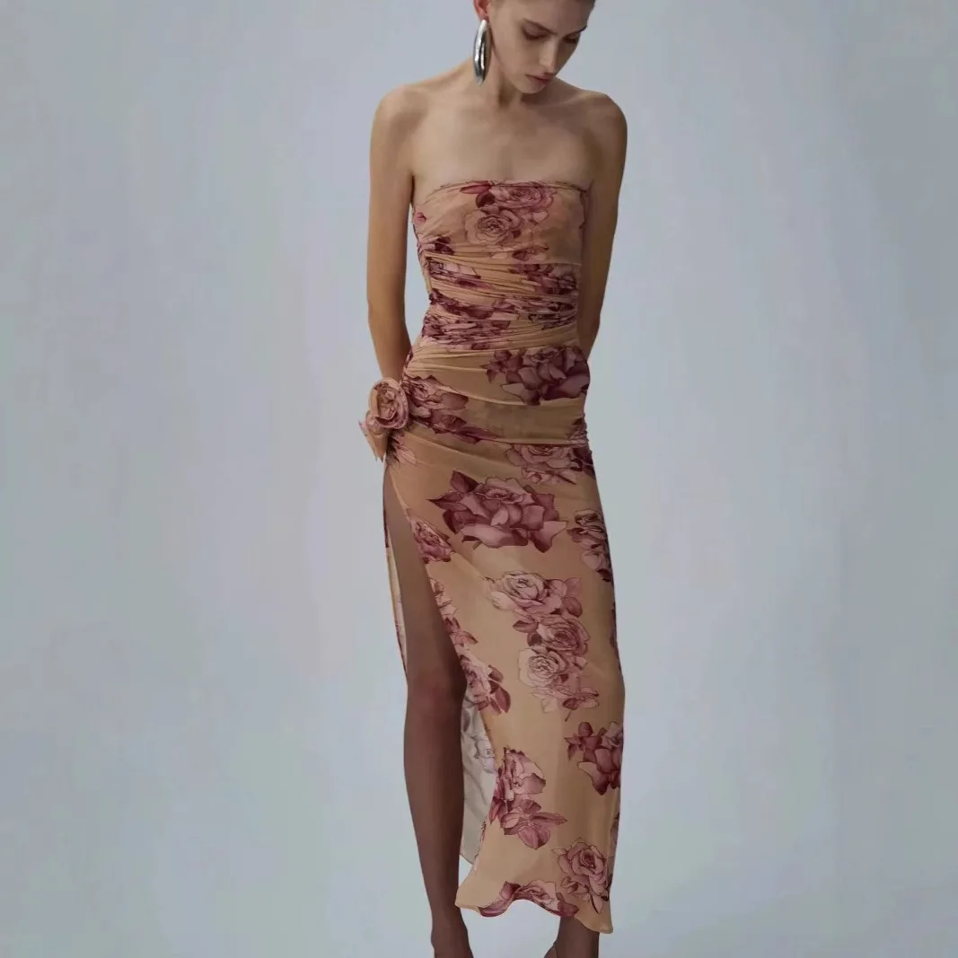 Retro Floral Strapless Sexy Mesh Bodycon Pleated Maxi Dress for Women 2025 Summer New Flower High Slit Party Dresses Prom Gowns