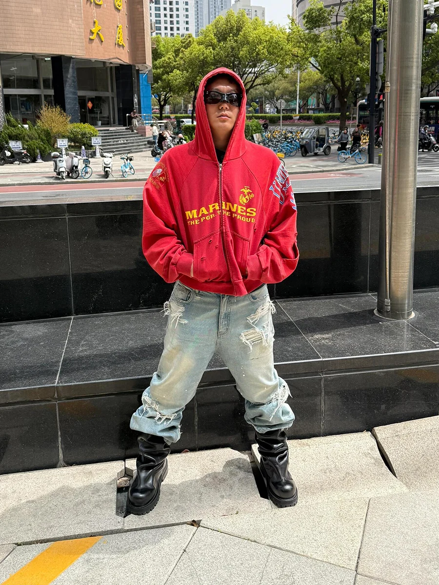 

Ailz Fugui American Sle Waed Red Zipper Open Cardigan Hoodie Jaet Youth Casual Winter Long Sve Cotton Sweatirt