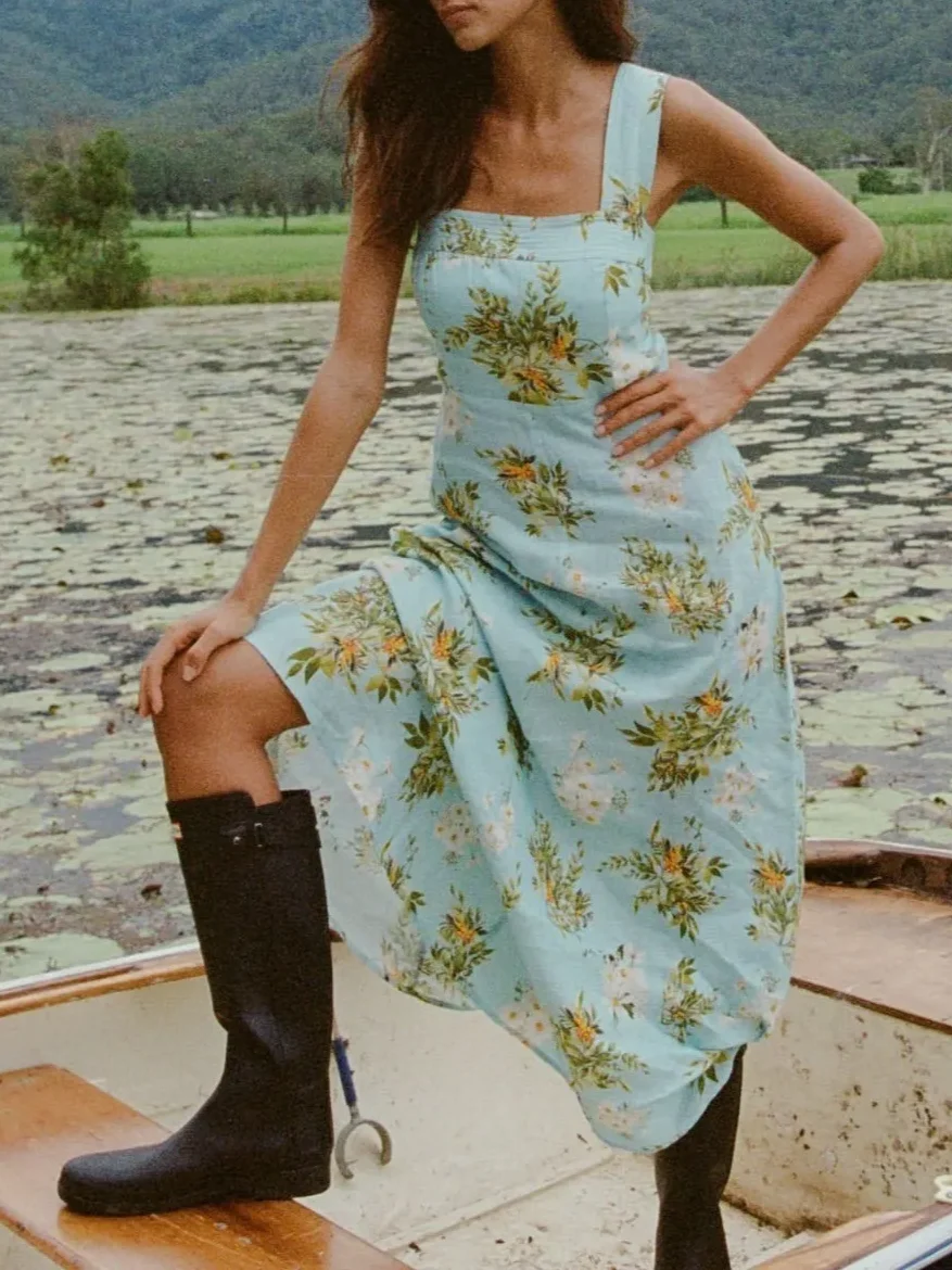 Vestido largo femenino de vacaciones de cintura alta sin mangas con cuello cuadrado 100% de lino con estampado Floral azul para mujer