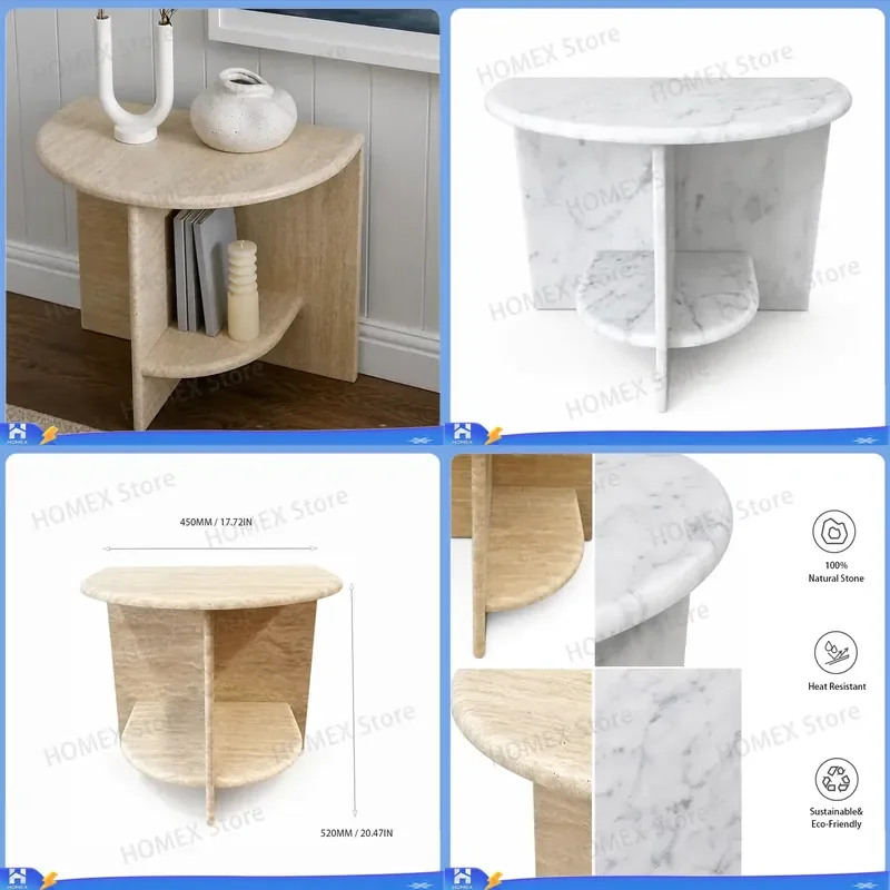 Natural Marble Semi Circular Side Table Modern Luxury Nightstand Small Coffee Table for Living Room Bedroom Eco Friendly