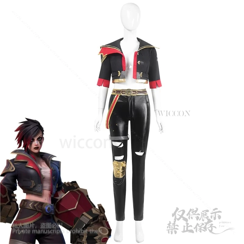 Anime 7PCS Arcane Vi 코스프레 의상 게임 LOL Vi 코트 자켓 가발 코스프레 의상 여성 할로윈 카니발 정장 파티 Costumized