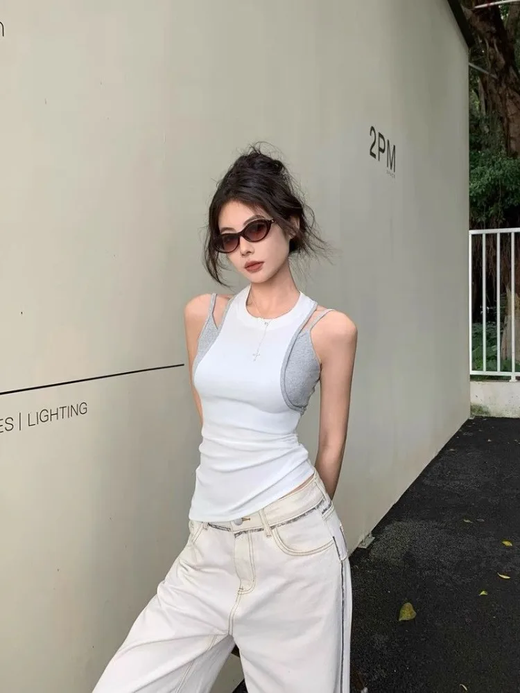American Hot Girl Fake Two Piece Camisole Women's Summer New Item Contrasting Color Spliced Vest Slim Fit Sleeveless Top