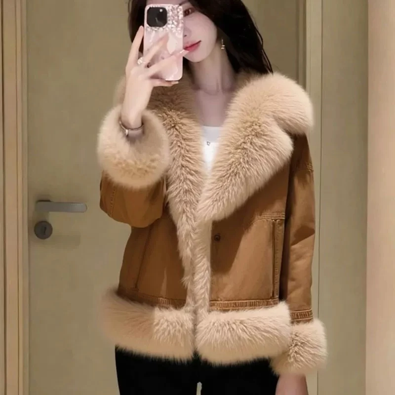 

Женское роскошное плюшевое короткое пальто с отложным воротником, зима 2026, утепленное, модное, меховое, цвет хаки, с длинными рукавами, сшитое, пушистое, верхняя одежда