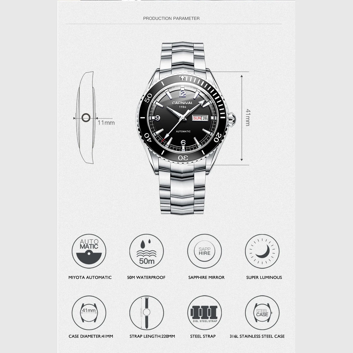 I&W Orologi di lusso da uomo 41mm Orologio da polso meccanico automatico 50M Cinturino in acciaio luminoso impermeabile Lunetta in acciaio zaffiro