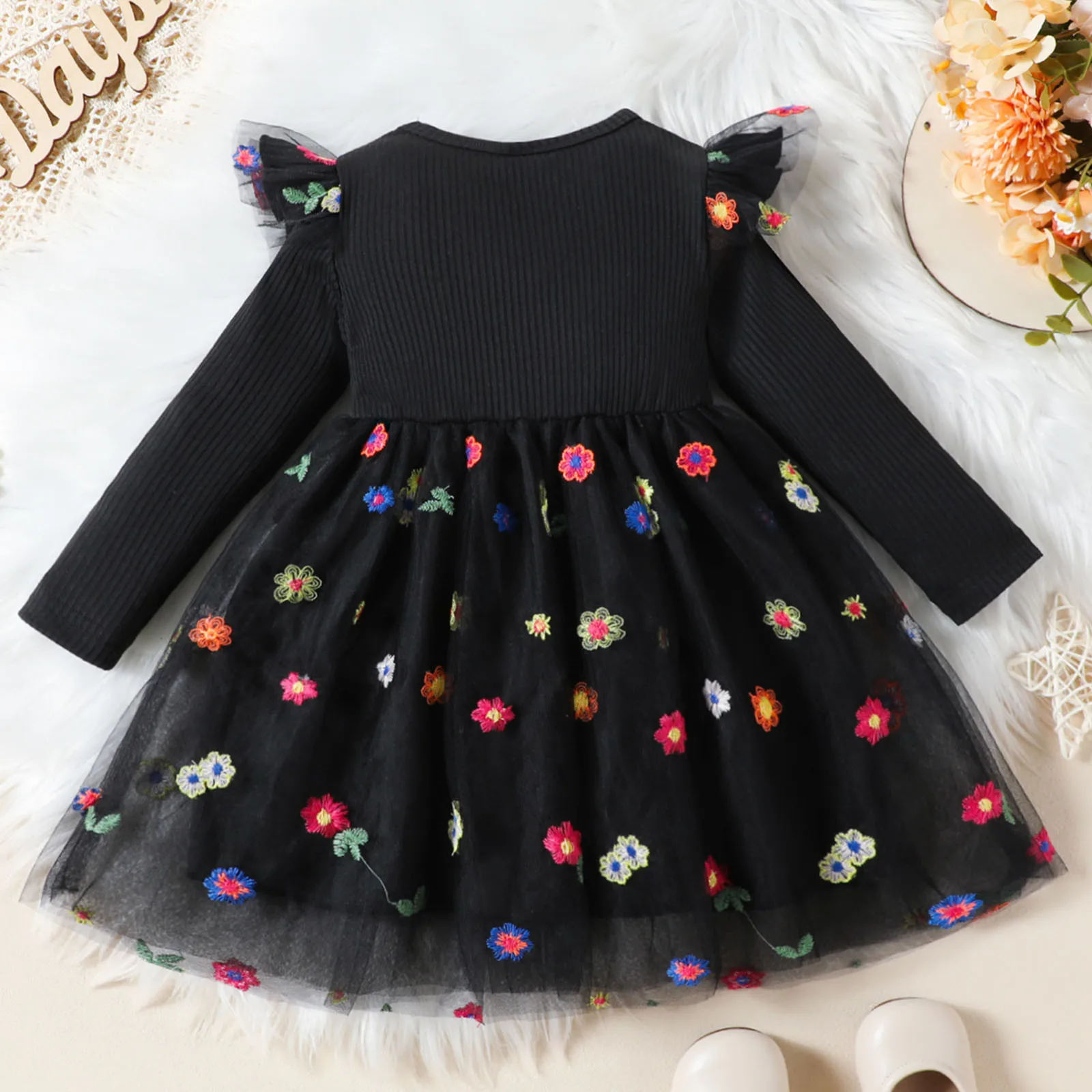 Toddler Girls' Dress Clothing 2024 New Mesh Tulle Princess Dress Long Sleeve Fragmented Flowers Vestidos Casual Outfits 2-6Y