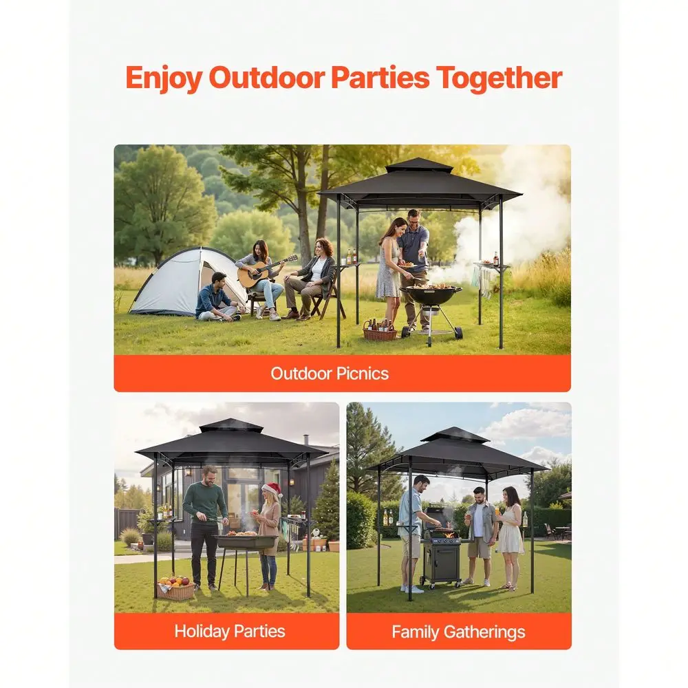 

Gazebo, 8 X 5 Ft Outdoor BBQ Gazebo With DoubleTiered Roof, PowderCoated Steel Patio Grill Shelter With 2 Side Shelves 8 Hooks,