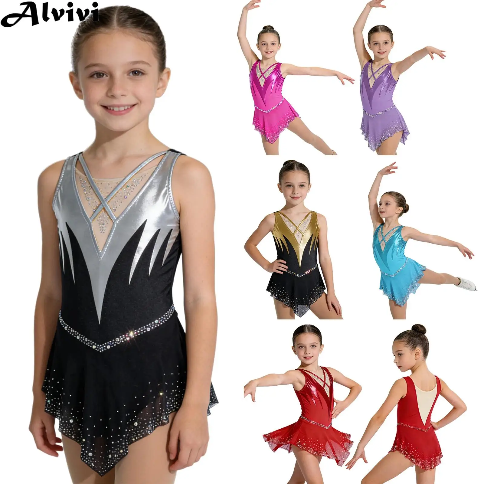 

Kids Girls Figure Skating Dress Gymnastics Acrobatics Ballet Dance Leotard Dancewear Sleeveless Metallic Rhinestone Mesh Dresses