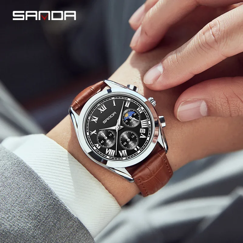 Sanda 5012 bracelet en cuir de marque supérieure étanche mouvement à Quartz japonais cadran à chiffres romains aiguilles lumineuses montre pour hommes d'affaires