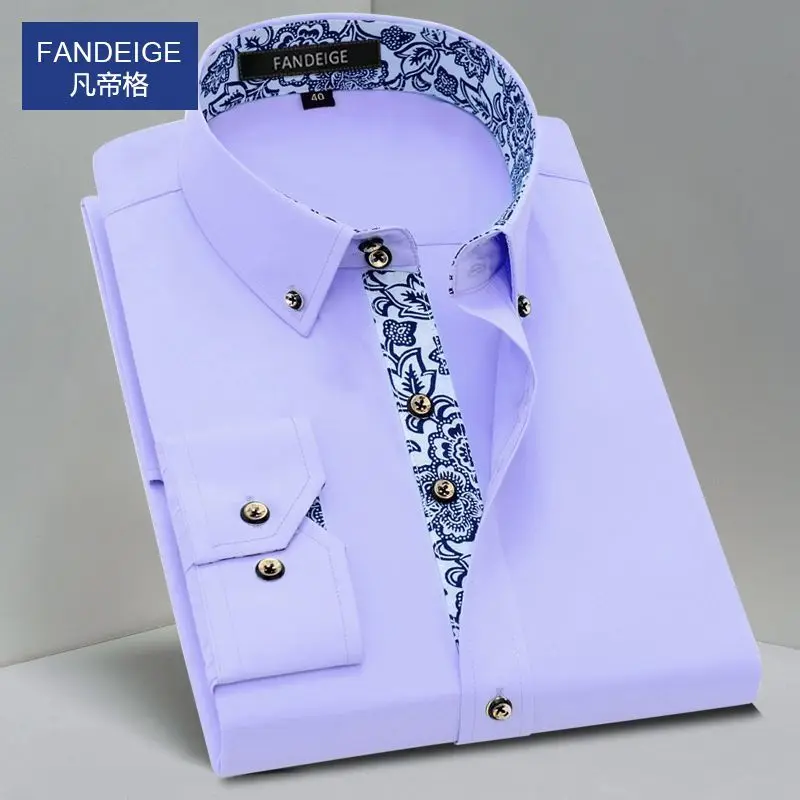 Blue and White Men\'s Dress Collar Shirt Long Sleeve Solid Color Printing Casual Business Slim Fit Cotton Shirts Anti-Wrinkle